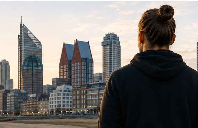 Persoon van achteren met de skyline van Den Haag op de achtergrond